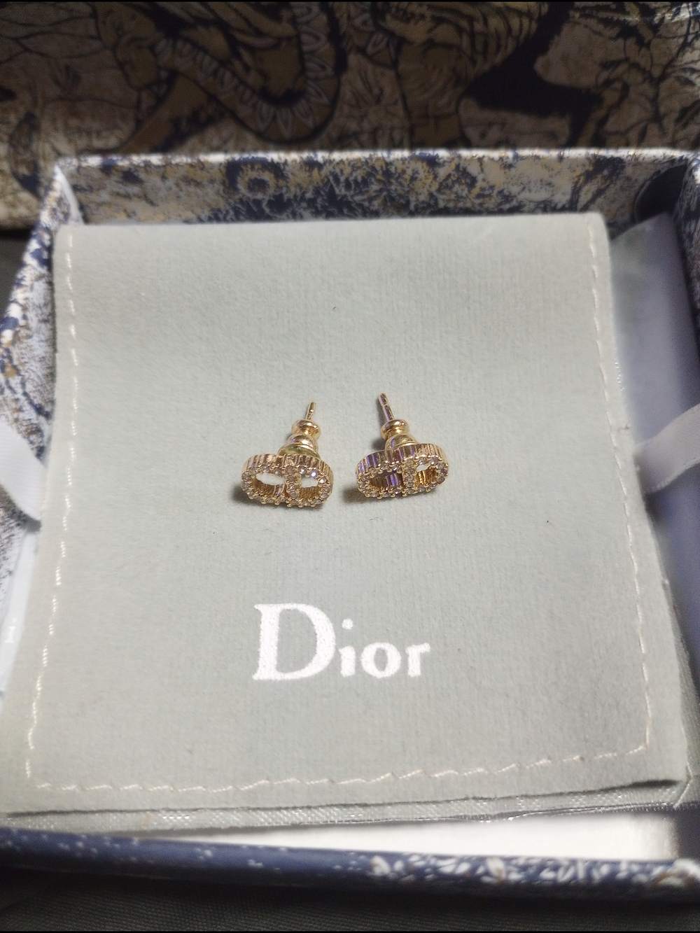 Dior Gold Crystal Logo Stud Earrings